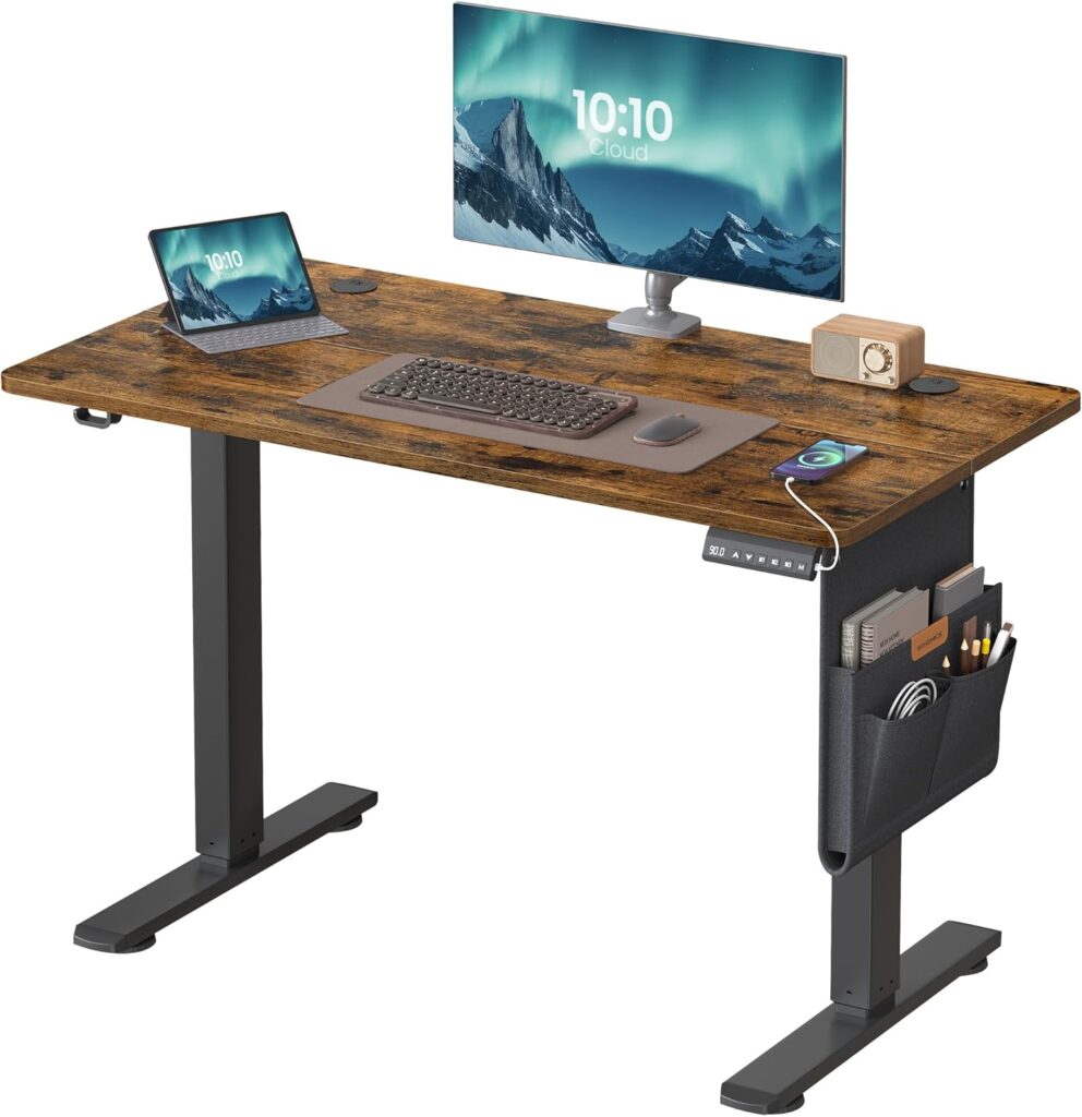 Escritorio Elevable SONGMICS 100x60 cm color marrón rústico - Mesa regulable eléctrica para oficina