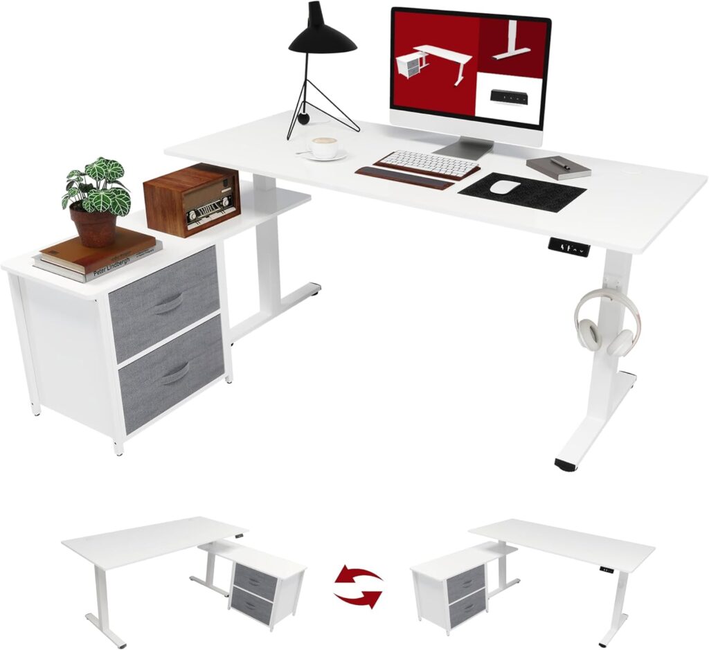 Escritorio elevable Sanodesk con almacenamiento color blanco