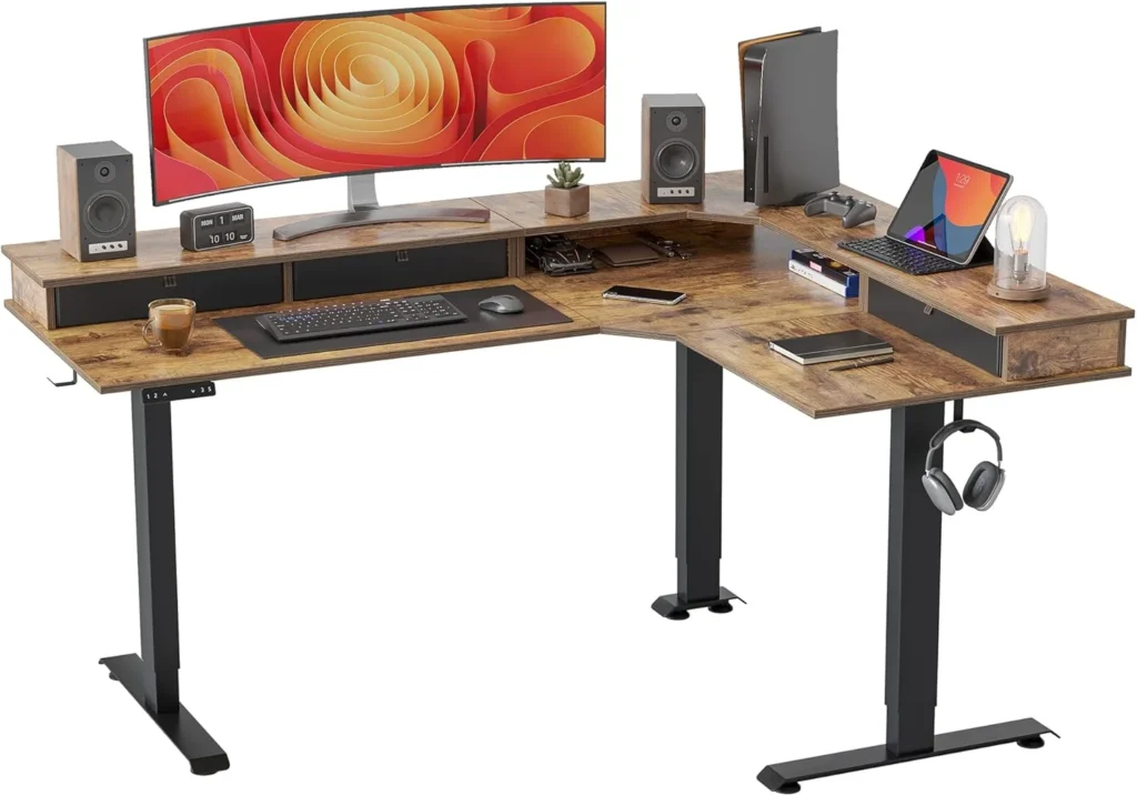 Escritorio elevable FEZIBO en L con cajones Marrón