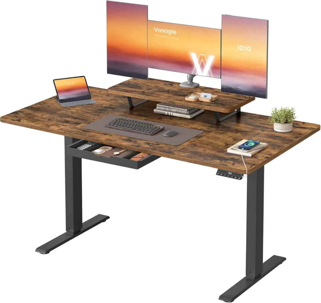 Escritorio elevable VASAGLE con Almacenamiento Marrón Rústico-Negro